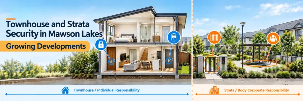 Townhouse and strata security in Mawson Lakes showing individual and body corporate areas