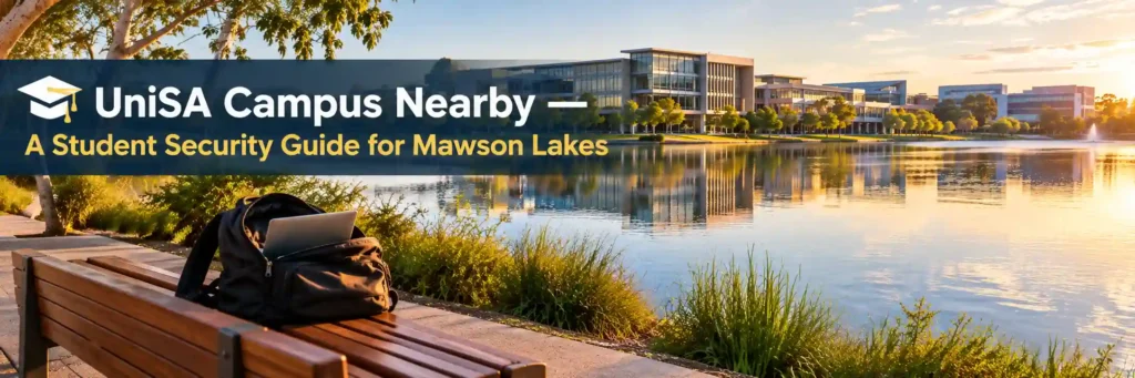UniSA campus near Mawson Lakes with lakeside student security scene