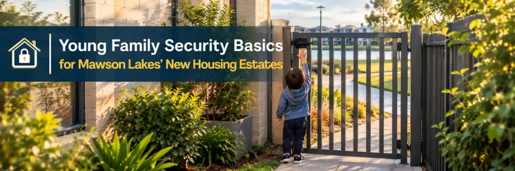 Young family security basics in a Mawson Lakes new housing estate with child-safe gate